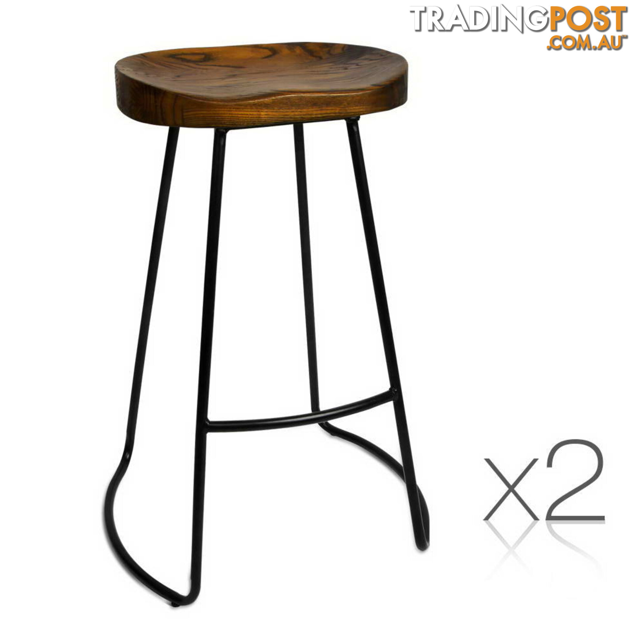 Set of 2 Steel Barstools with Wooden Seat