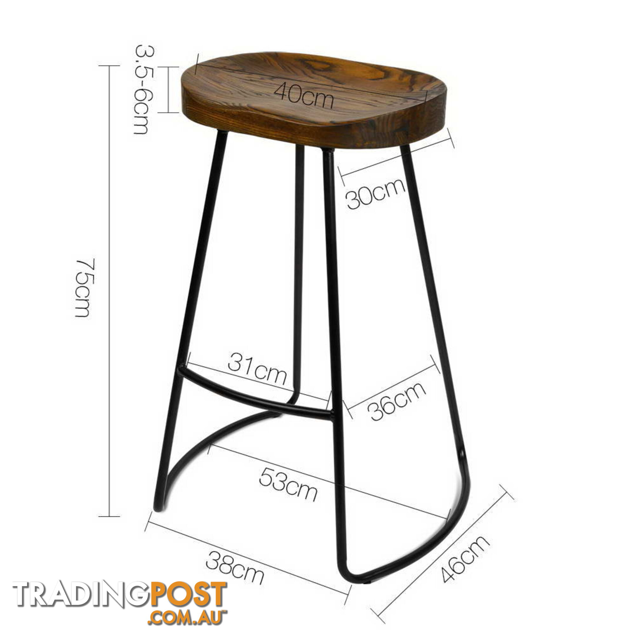 Set of 2 Steel Barstools with Wooden Seat