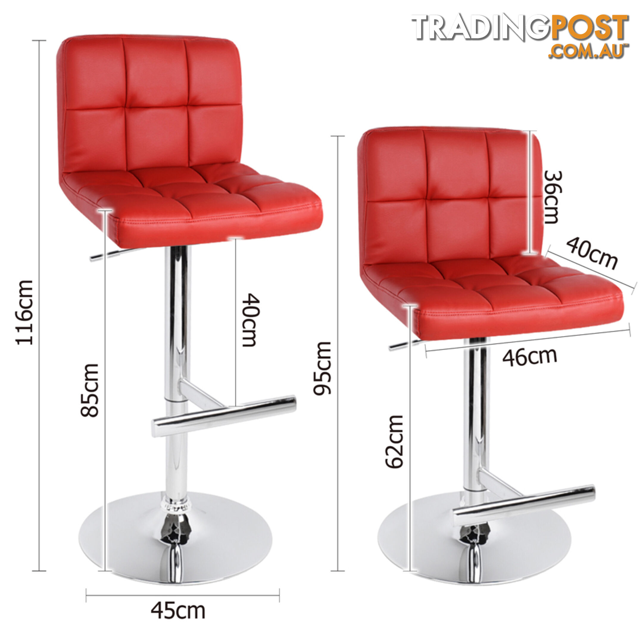 2 x PU Leather Gas Lift Bar Stool Kitchen Office Pub Barstool Swivel Chair Red