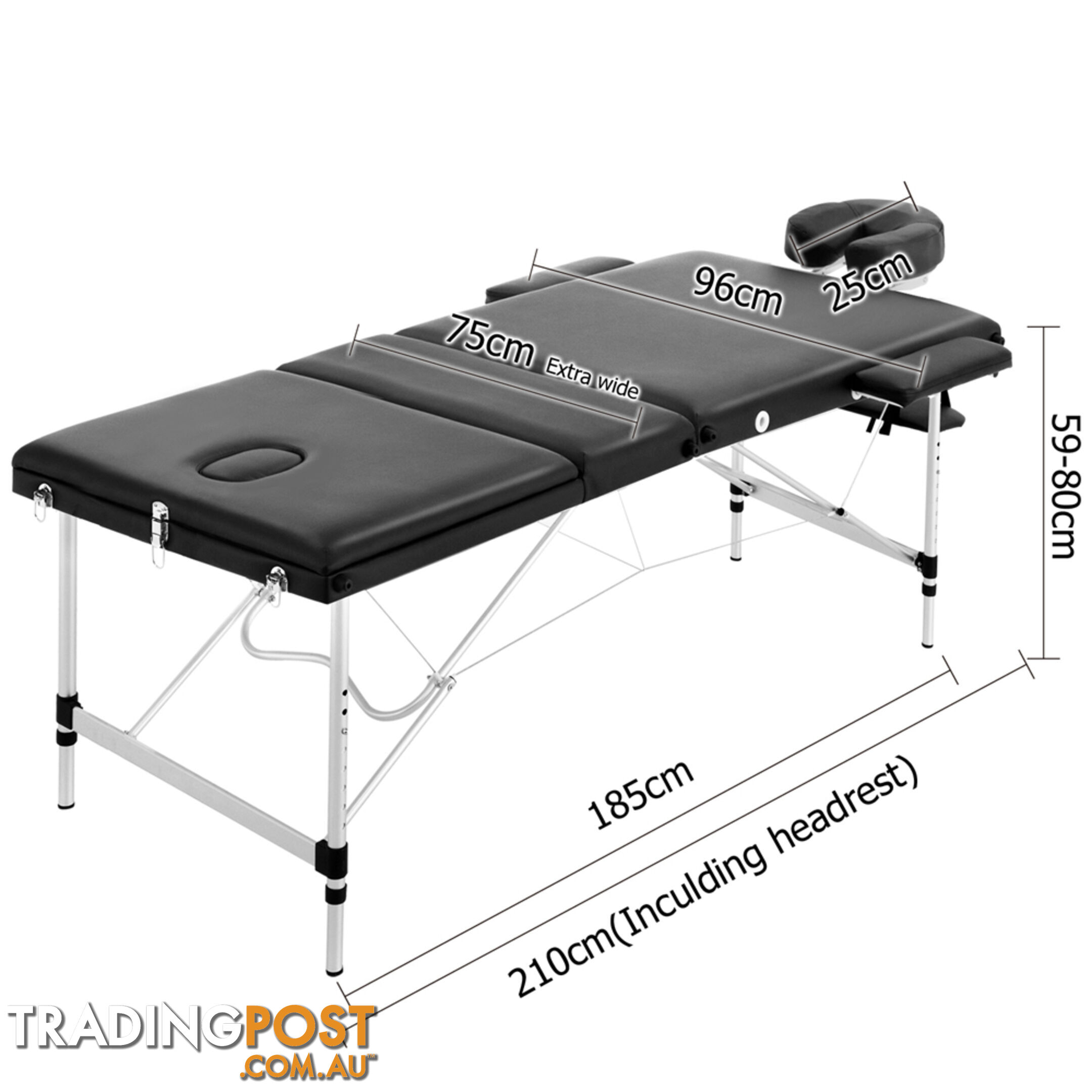 Portable Aluminium 3 Fold Massage Table Beauty Chair Bed Treatment Black 75cm