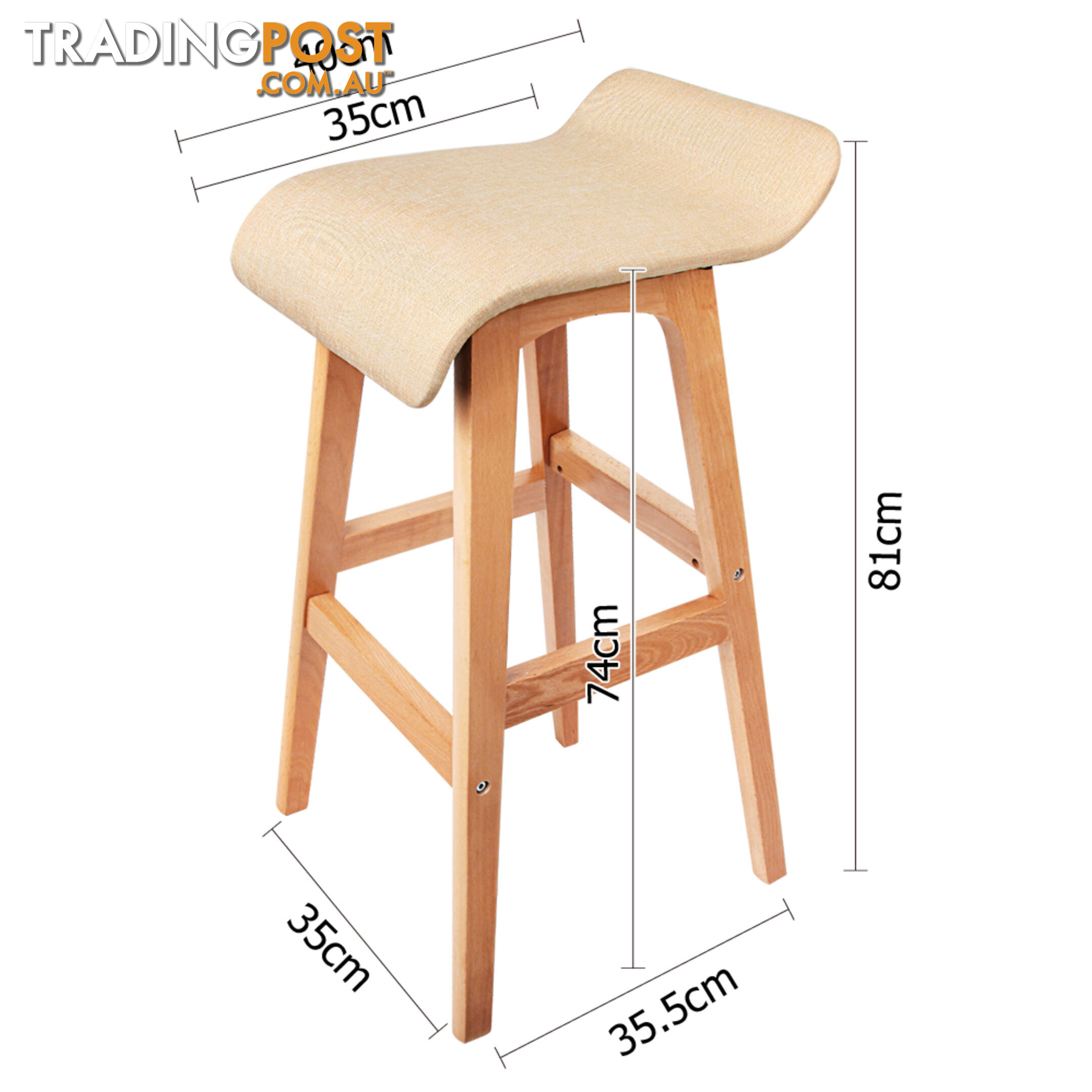 2 x Beech Wood Fabric Bar Stools - Beige