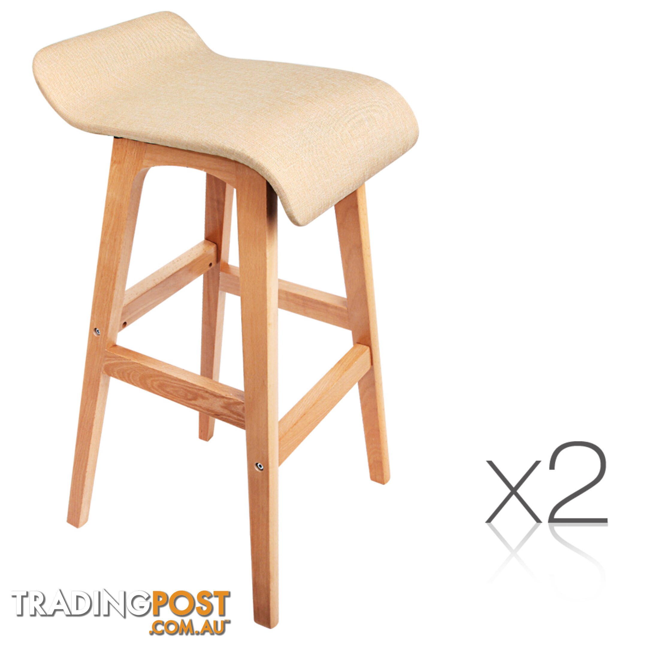 2 x Beech Wood Fabric Bar Stools - Beige