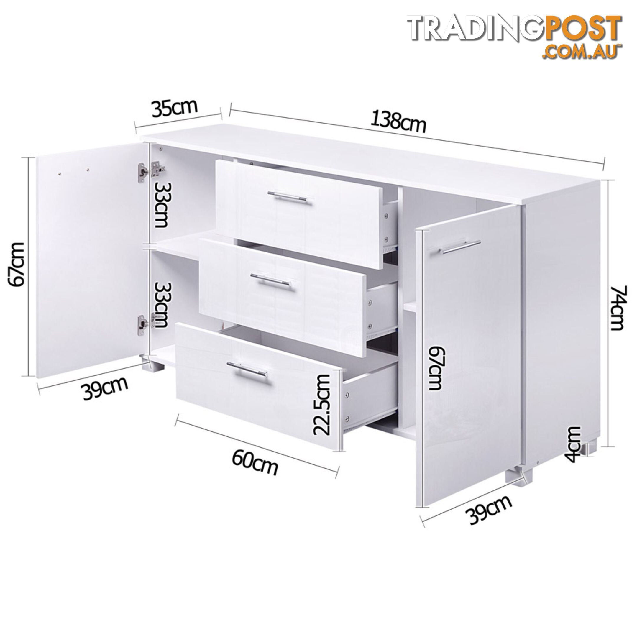 High Gloss Sideboard Storage Cabinet Cupboard White