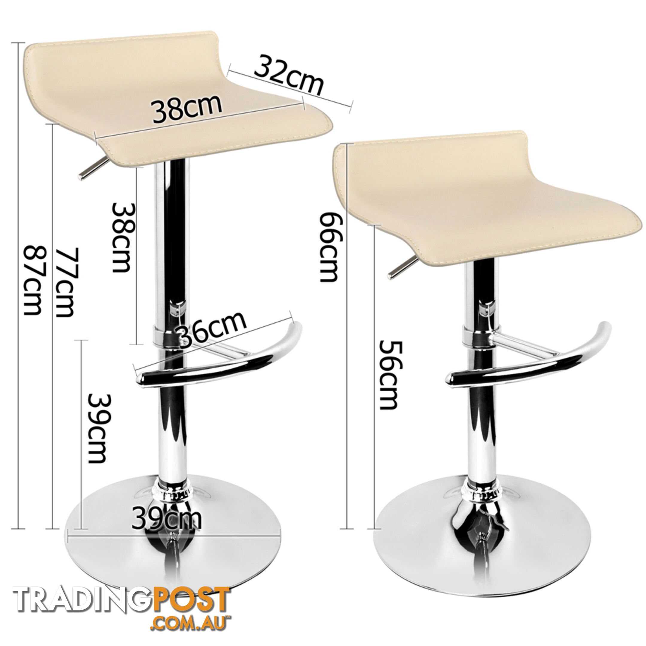 2 x PVC Leather Bar Stool Kitchen Counter Gas Lift Chair Cafe Swivel Stool Beige