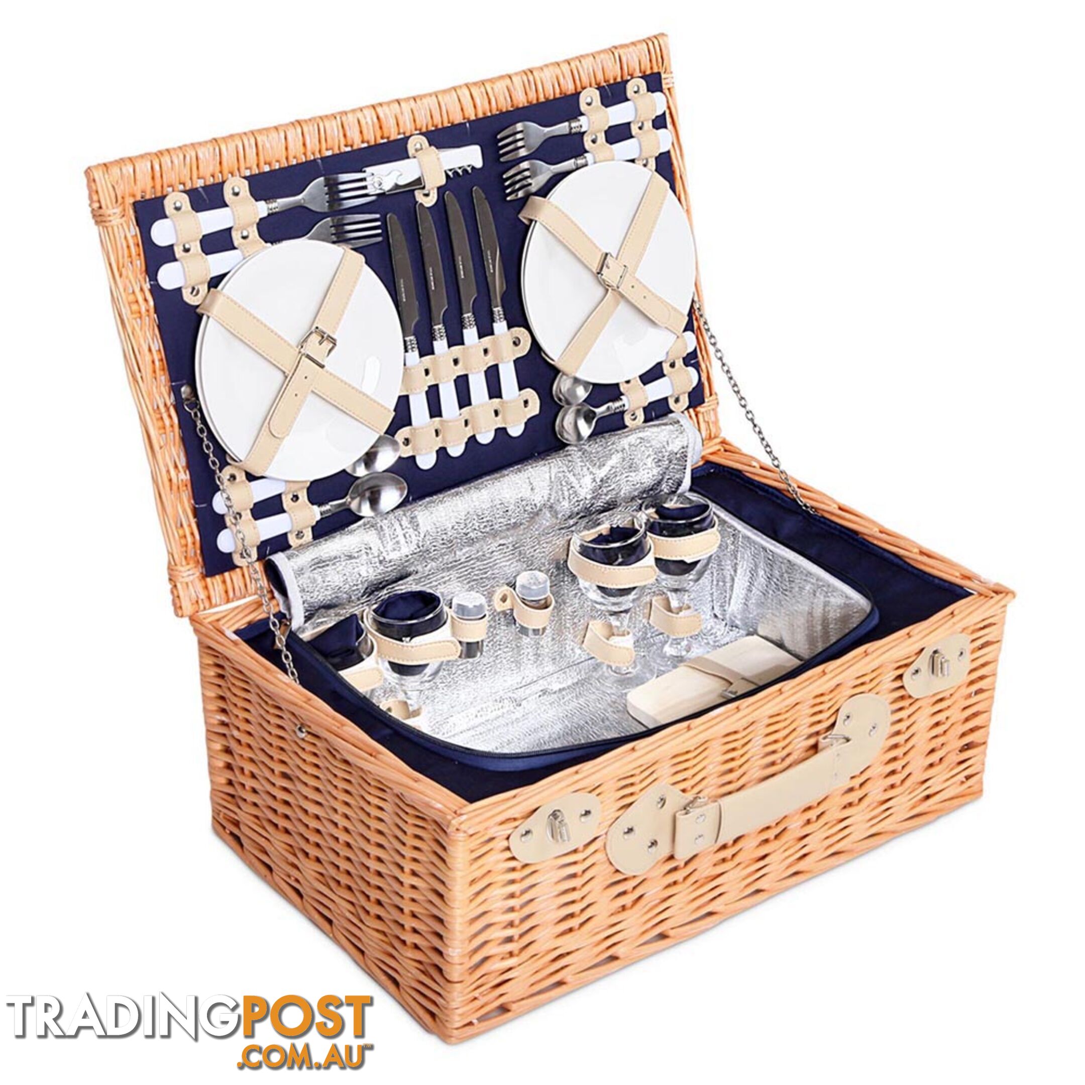 4 Person Picnic Basket Set with Cooler Bag Blanket - Navy