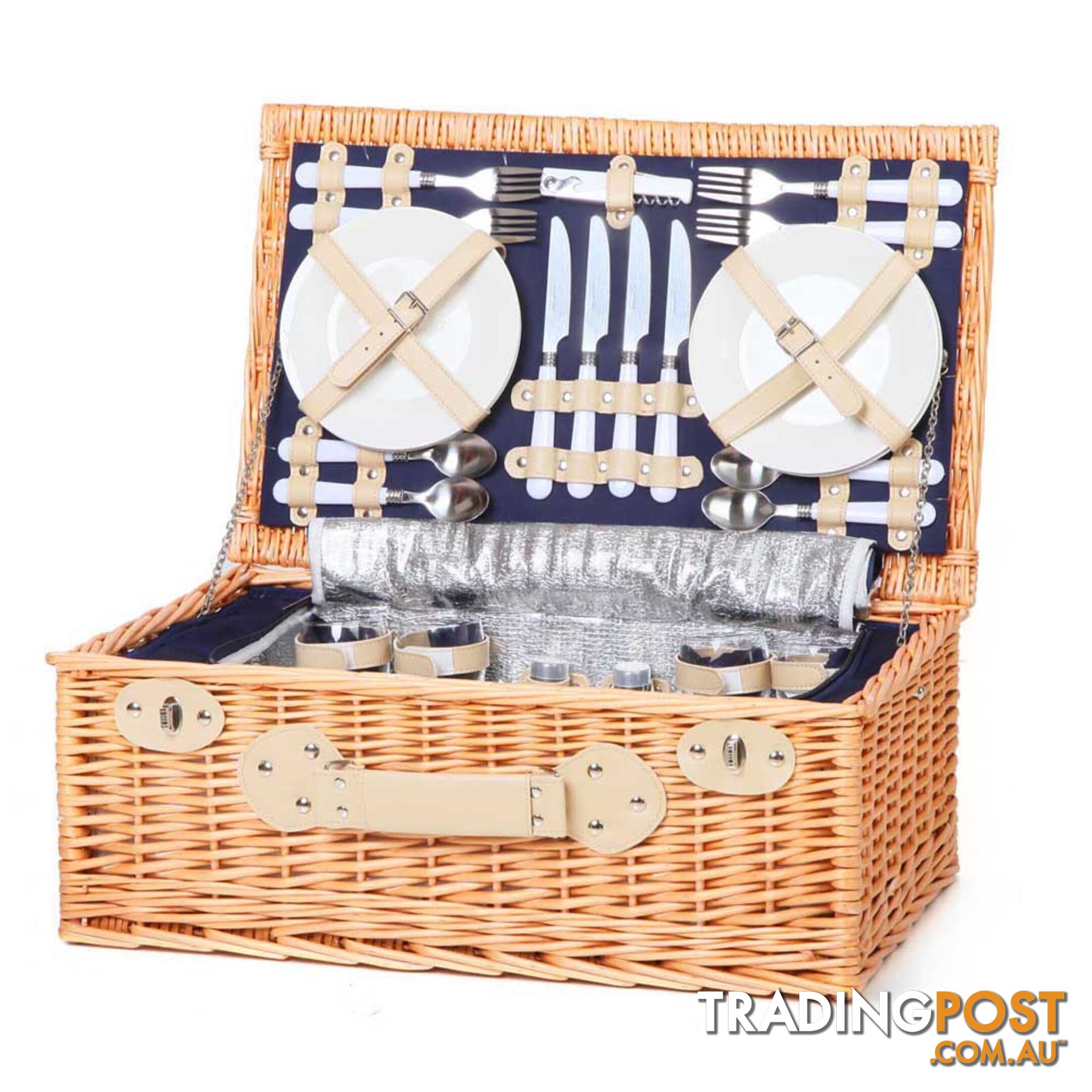 4 Person Picnic Basket Set with Cooler Bag Blanket - Navy