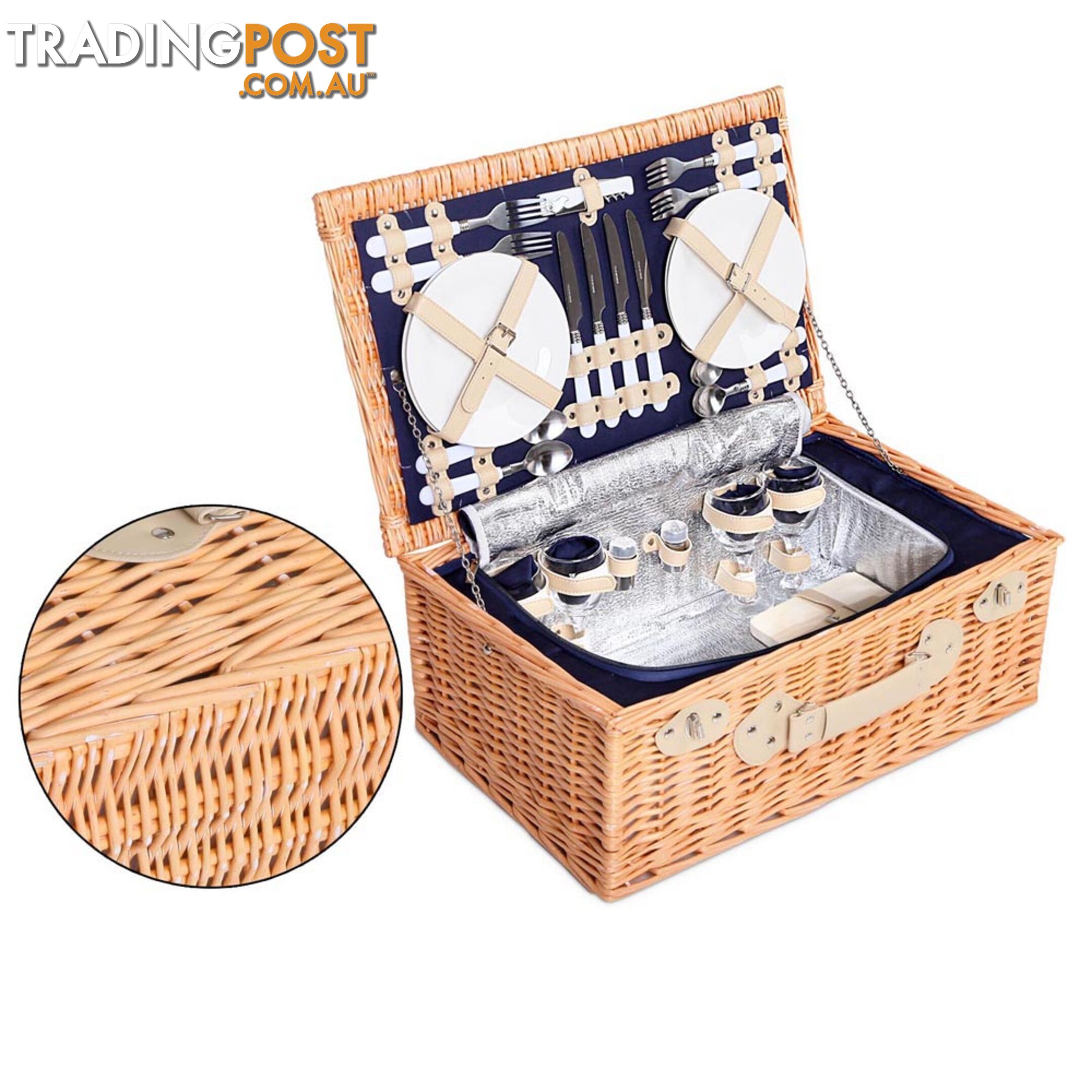 4 Person Picnic Basket Set with Cooler Bag Blanket - Navy