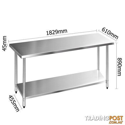 Stainless Steel Kitchen Work Bench Food 304 Preparation Table Top 1829mm