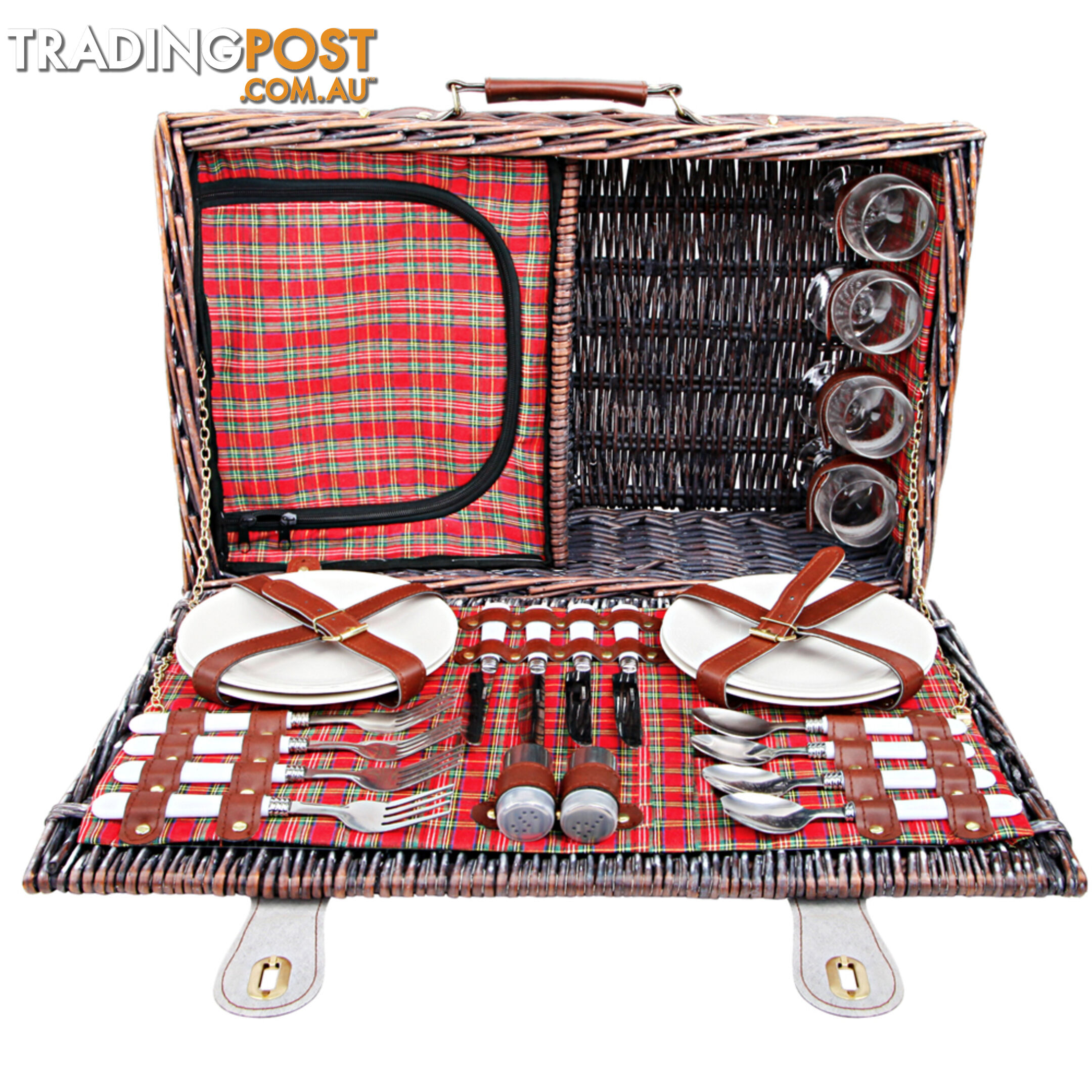 4 Person Picnic Basket Set w/ Cooler Bag Blanket