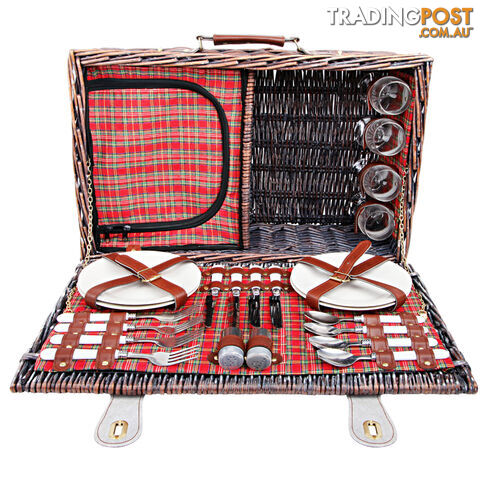 4 Person Picnic Basket Set w/ Cooler Bag Blanket