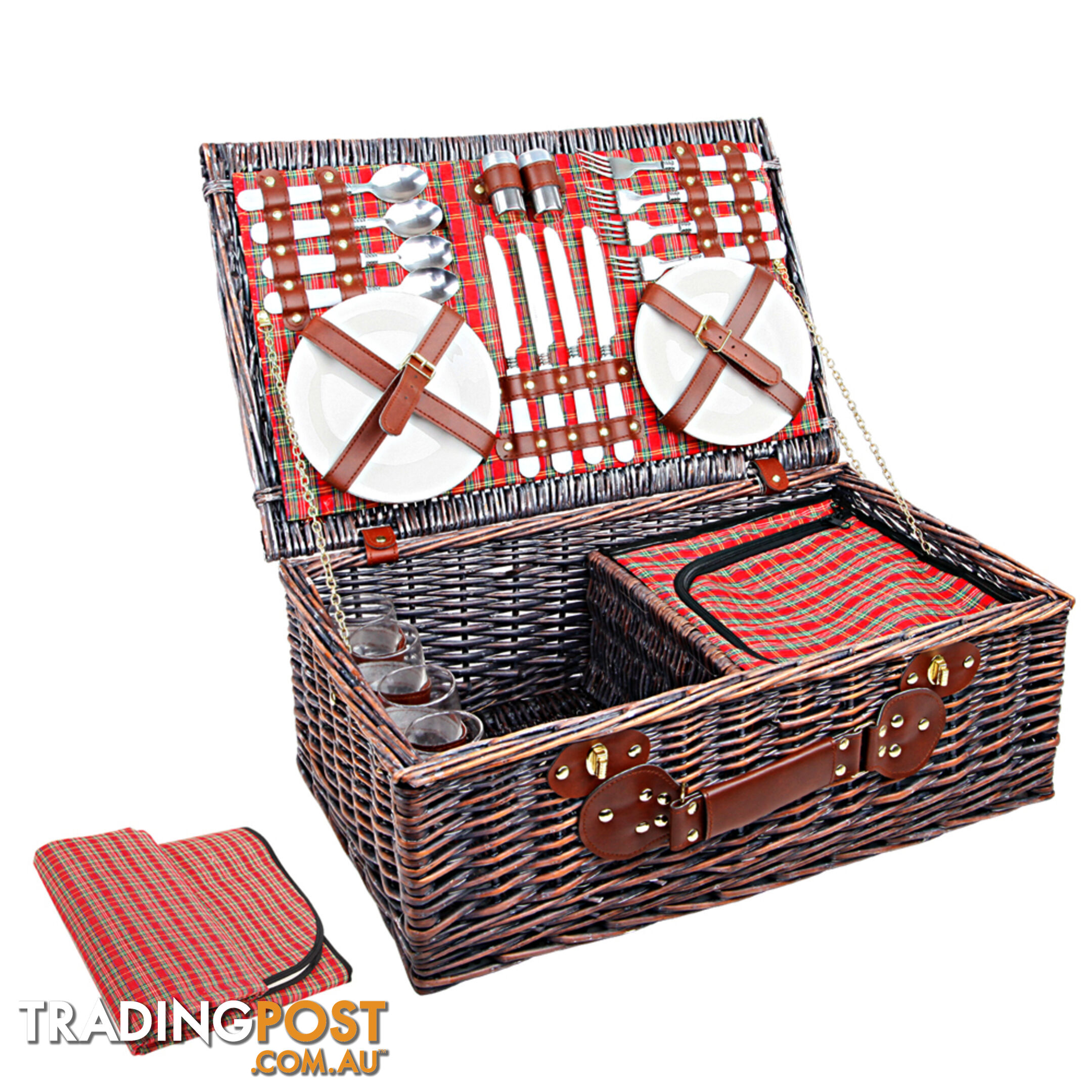 4 Person Picnic Basket Set w/ Cooler Bag Blanket