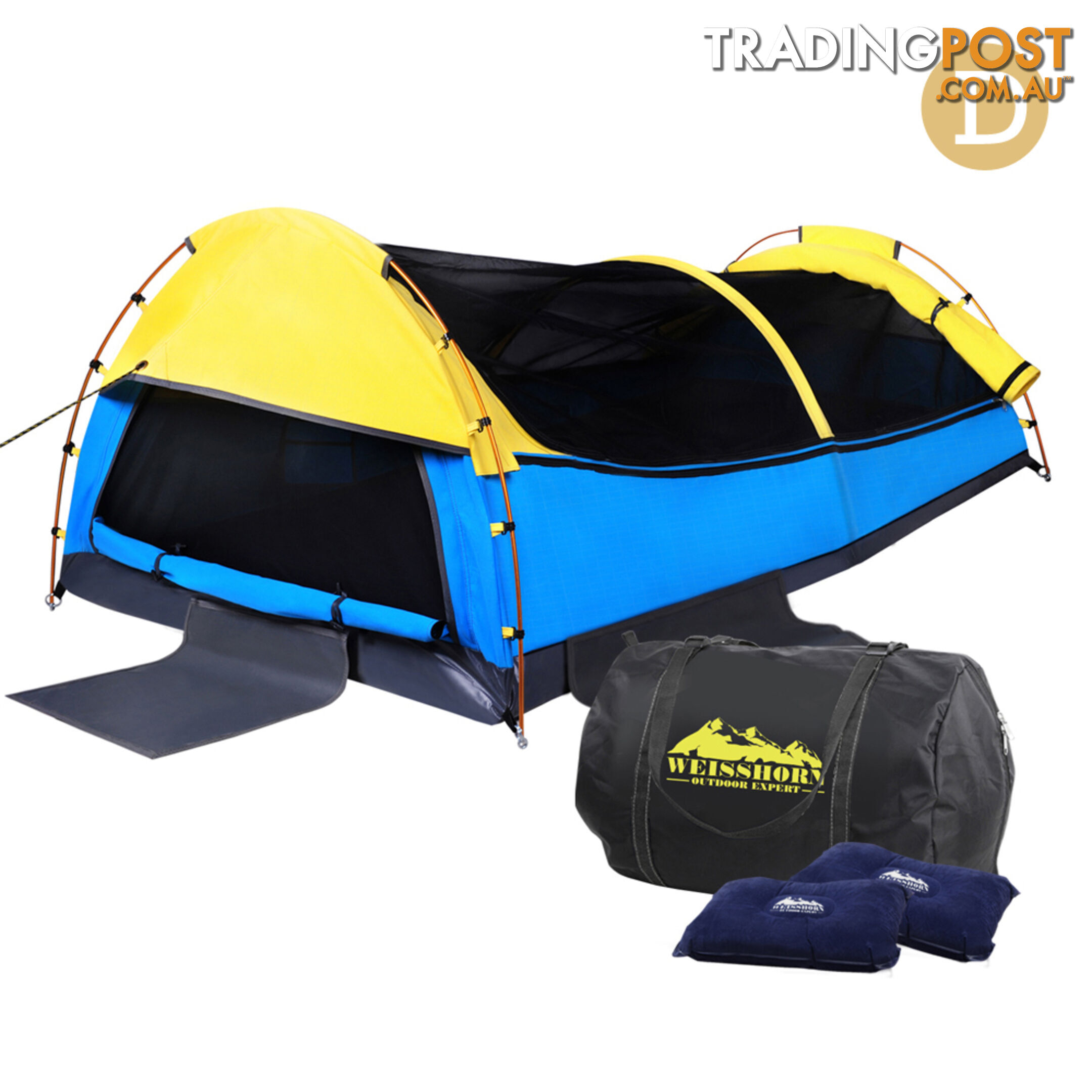 Double Swag Camping Canvas Tent Aluminium Pole Carry Bag Air Pillow Yellow/Blue