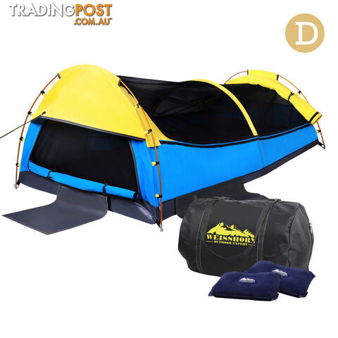 Double Swag Camping Canvas Tent Aluminium Pole Carry Bag Air Pillow Yellow/Blue