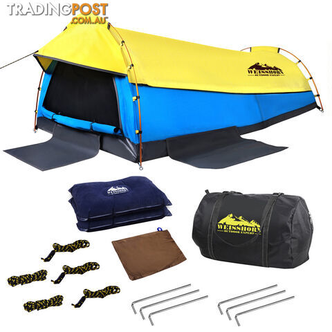 Double Swag Camping Canvas Tent Aluminium Pole Carry Bag Air Pillow Yellow/Blue