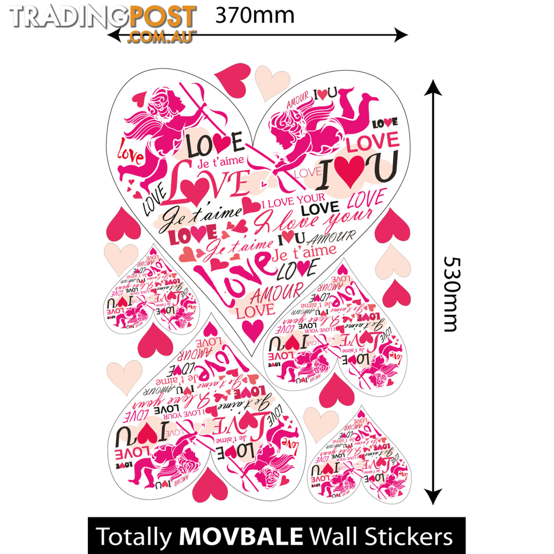 Large Size Pink Cupid Love Hearts Wall Stickers - Totally Movable