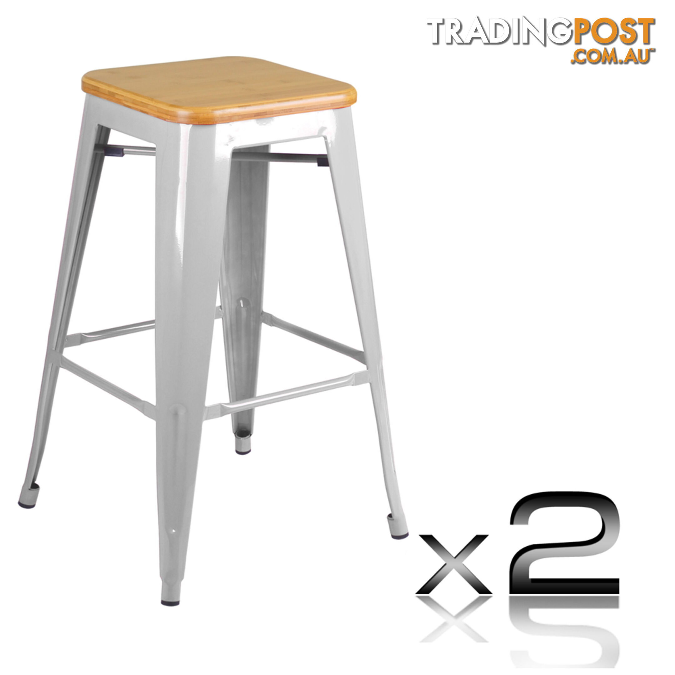 Set of 2 Replica Tolix Kitchen Bar Stool Bamboo Seat 66cm Metal