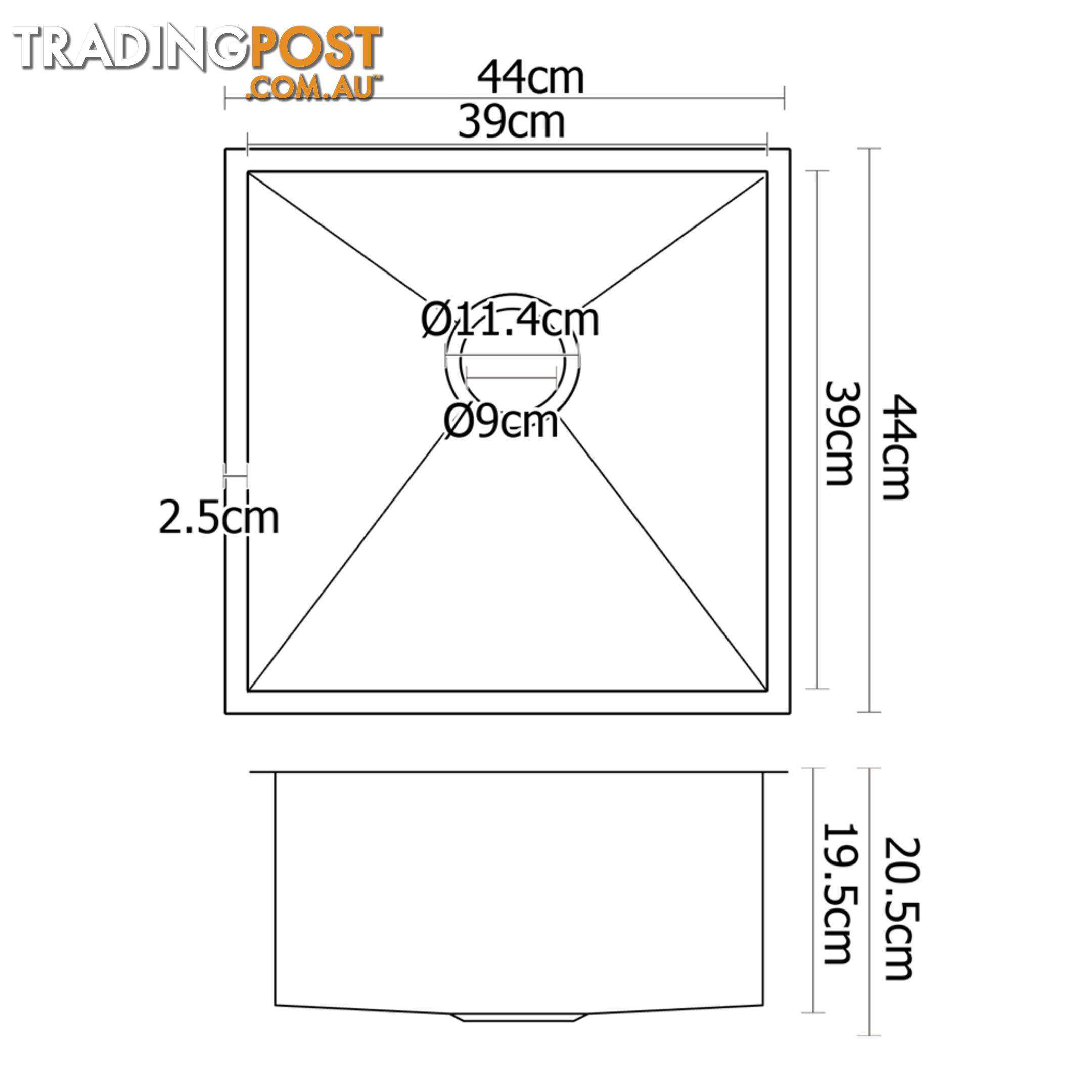 Handmade Stainless Steel Kitchen Laundry Sink Undermount Topmount 440 x 440 mm