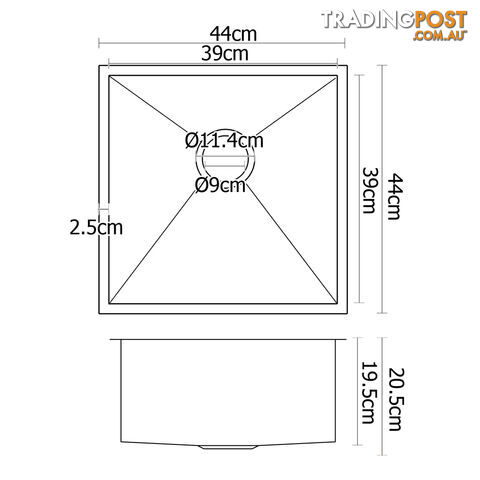 Handmade Stainless Steel Kitchen Laundry Sink Undermount Topmount 440 x 440 mm