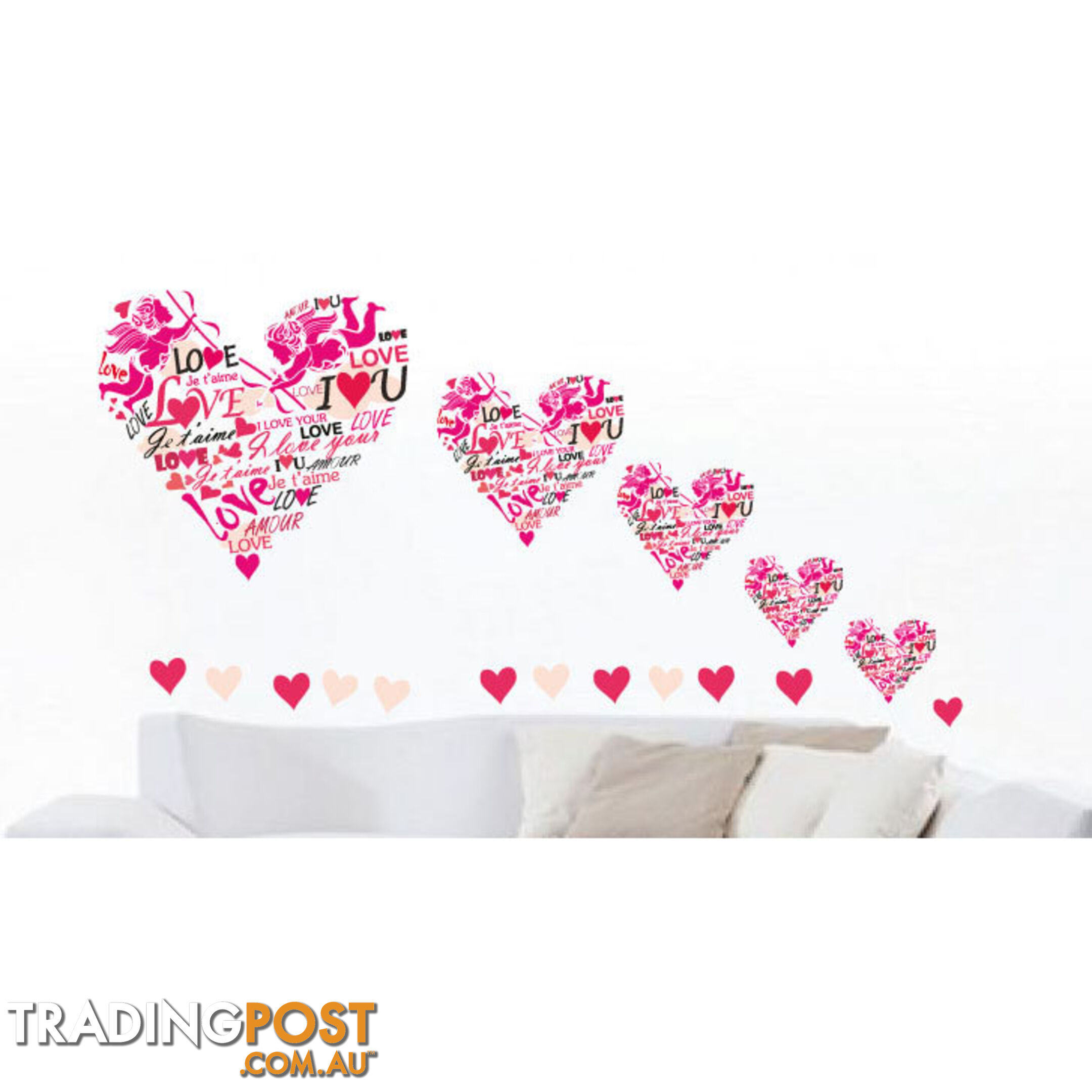 Medium Size Pink Cupid Love Hearts Wall Stickers - Totally Movable