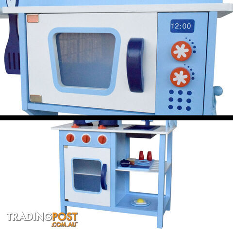 Kids Wooden Pretend Kitchen Play Set Children Home Cooking Cookware Toy Blue