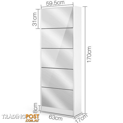 Mirrored Shoe Cabinet Storage 5 Drawers Shelf White