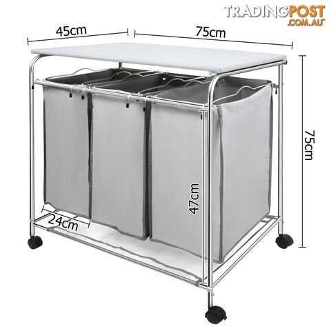 3 Compartment Laundry Trolley Hamper Cart Washing Basket Bag With Iron Board