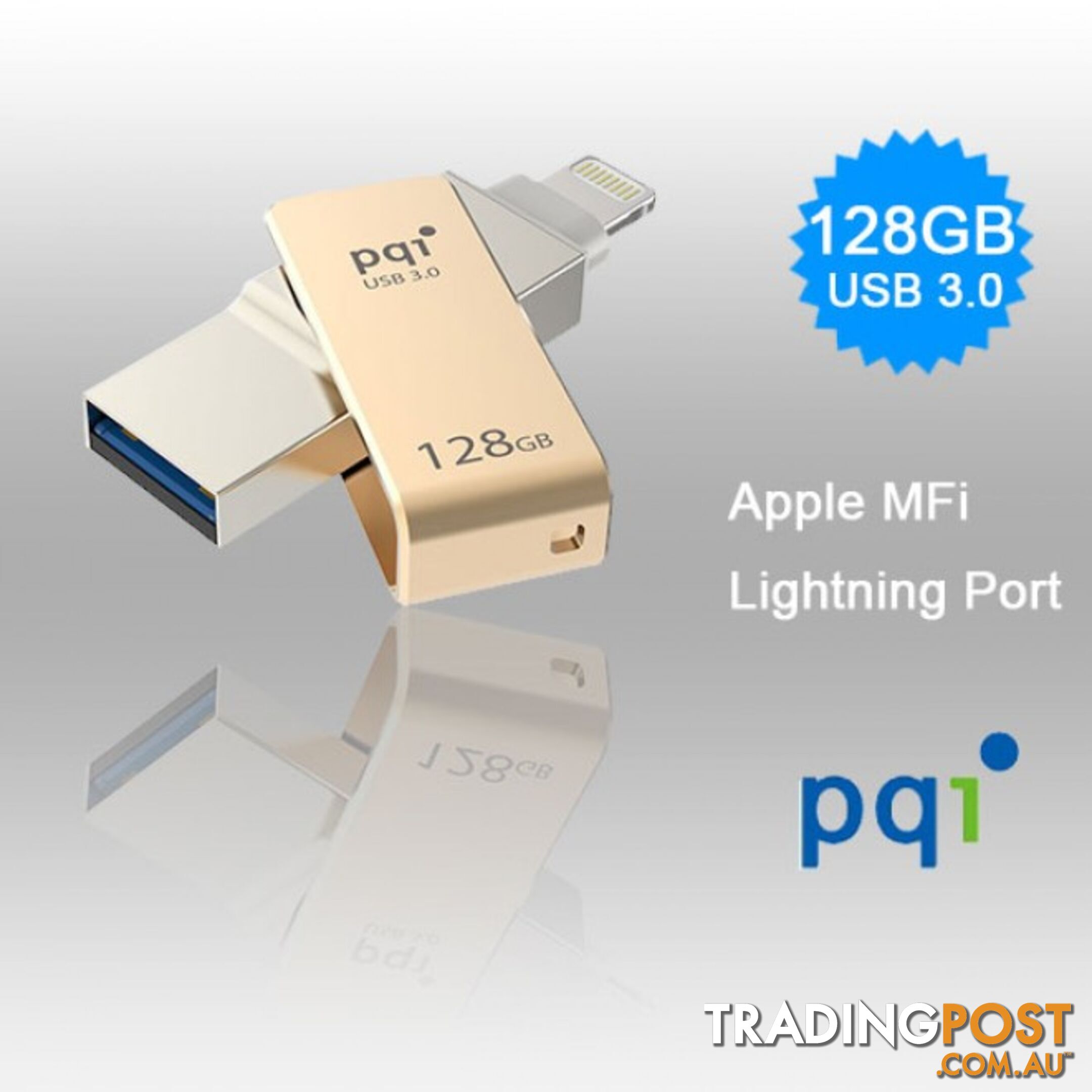 PQI iConnect Mini 6I04-128GR2001 Gold [Apple MFi] 128 GB Mobile Flash Drive w/ Lightning Connector for iPhones iPads Mac & PC USB 3.0 (6I04-128GR2001)