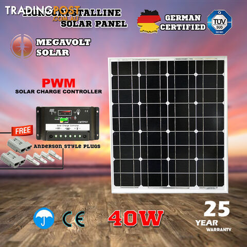 40W Mono Solar Panel MEGAVOLT Charger 20A 12V-24V PWM Solar Panel Regulator