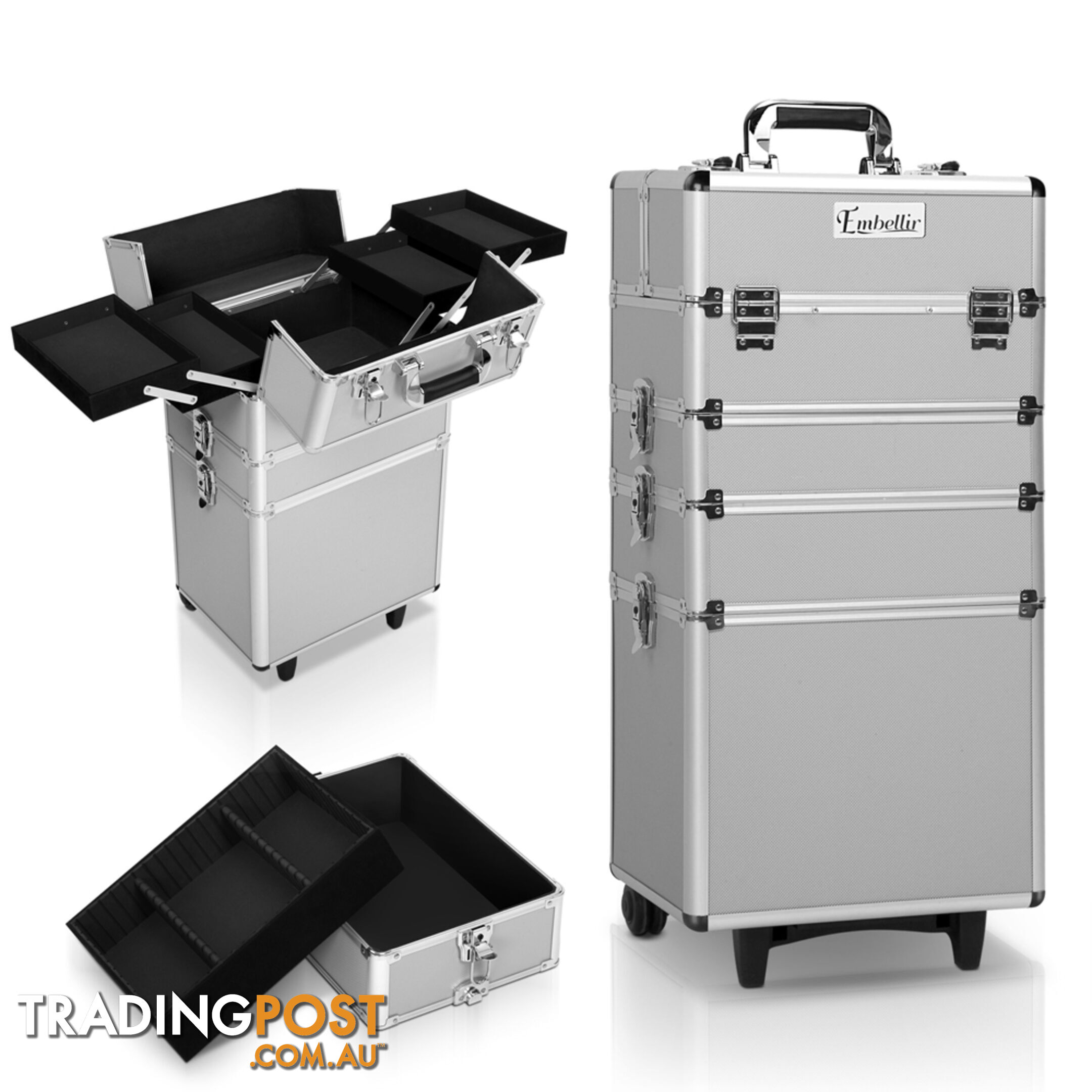 7in1 Silver Aluminium Frame Professional Beauty Cosmetic Makeup Case Box Trolley