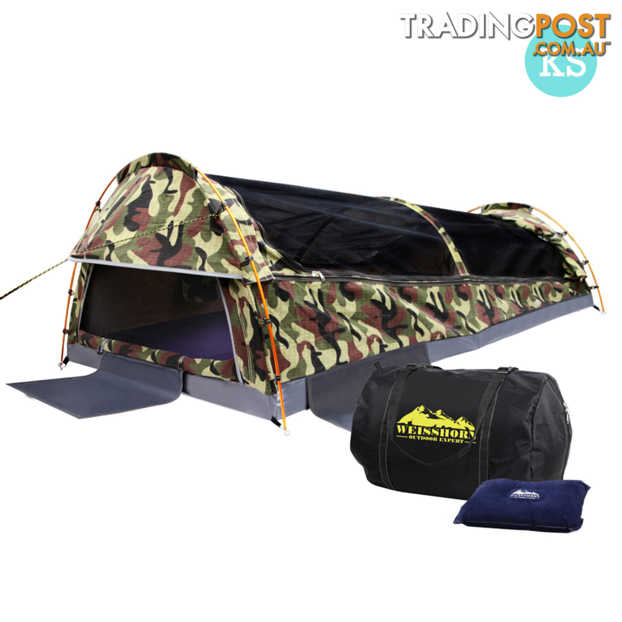 King Single Camping Canvas Swag Tent Green Camouflage w/ Bag