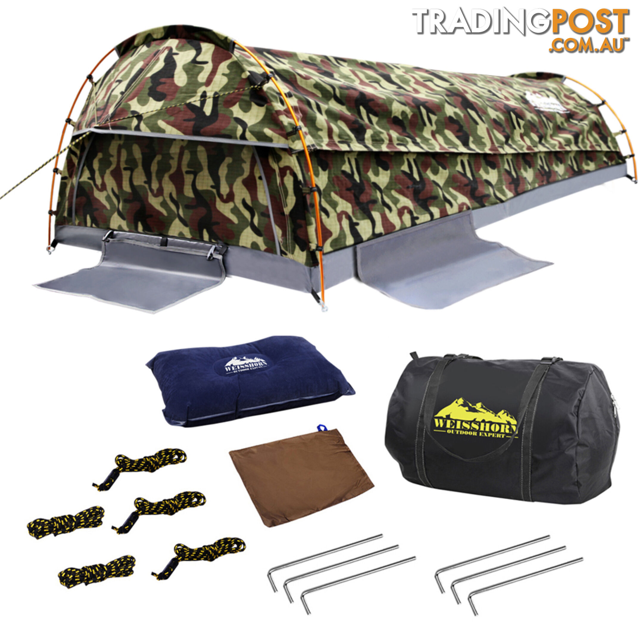 King Single Camping Canvas Swag Tent Green Camouflage w/ Bag