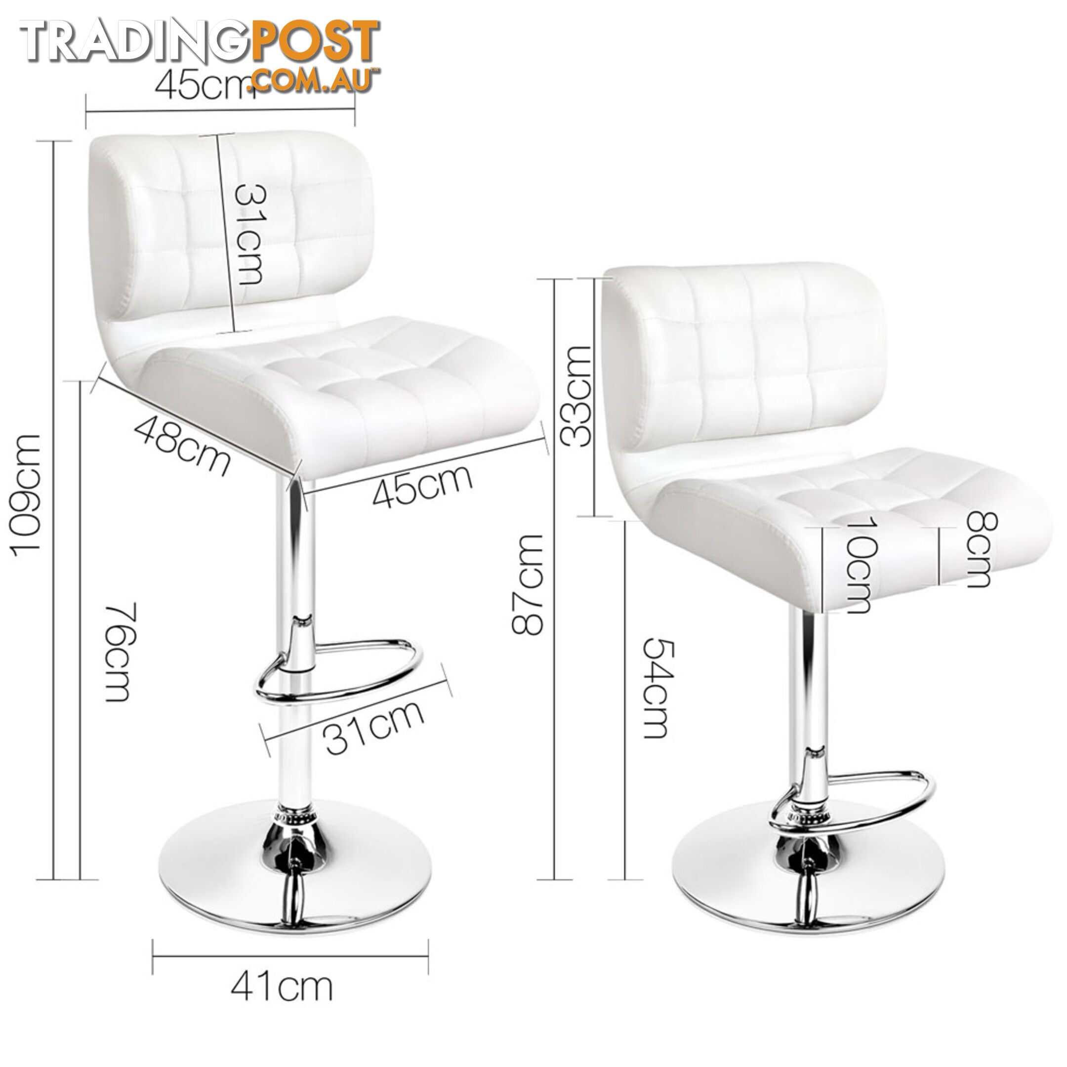 2 x PU Leather Bar Stools Kitchen Cafe Dining Pub Island Swivel Chairs White