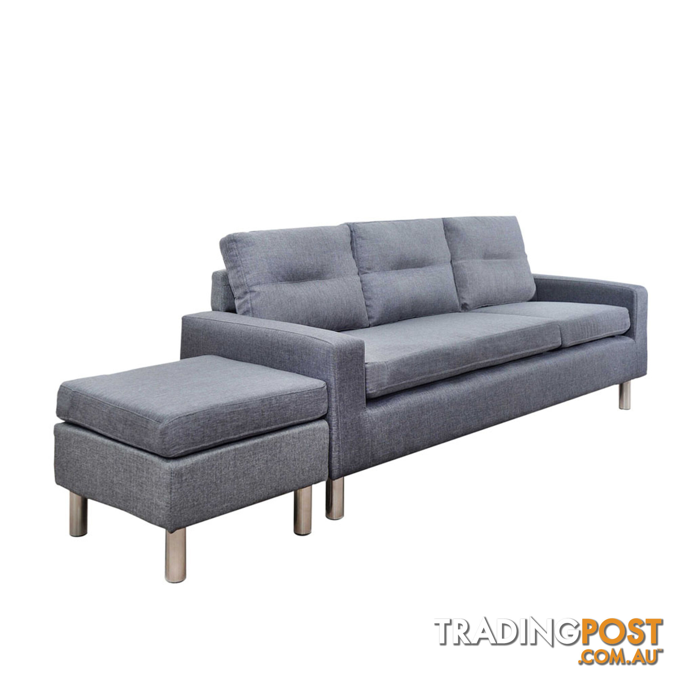 Four Seater Faux Linen Fabric Sofa with Ottoman Grey