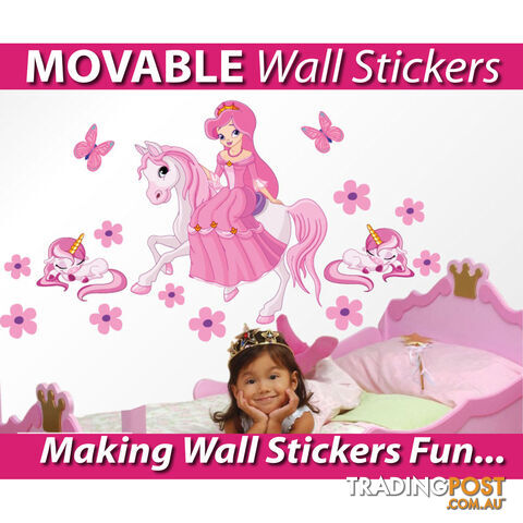 Medium Size Princess on a horse with unicorns Wall Sticker - Totally Movable