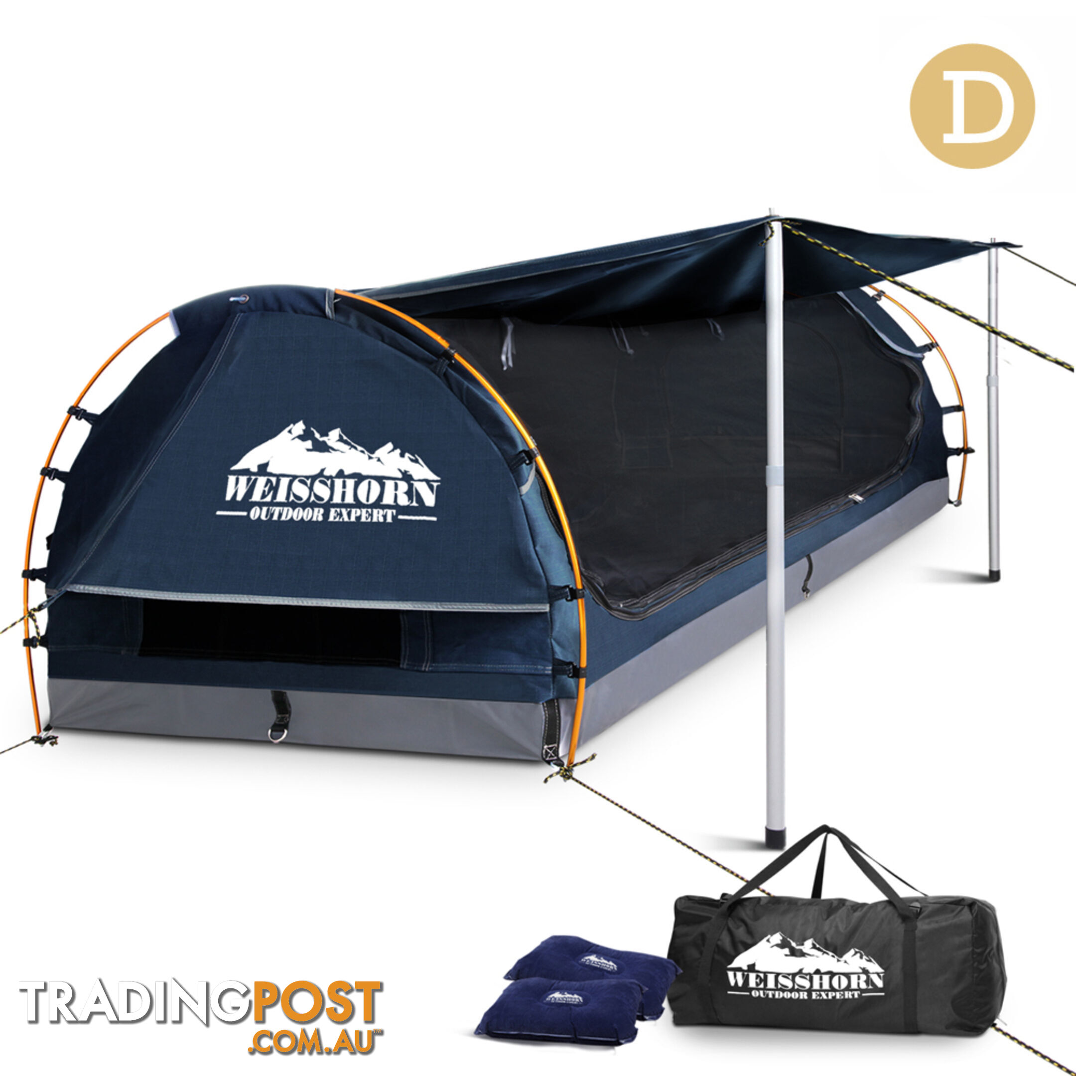 Free Standing Camping Canvas Swag Dome Tent 6cm Mattress Pillow Bag Double Navy