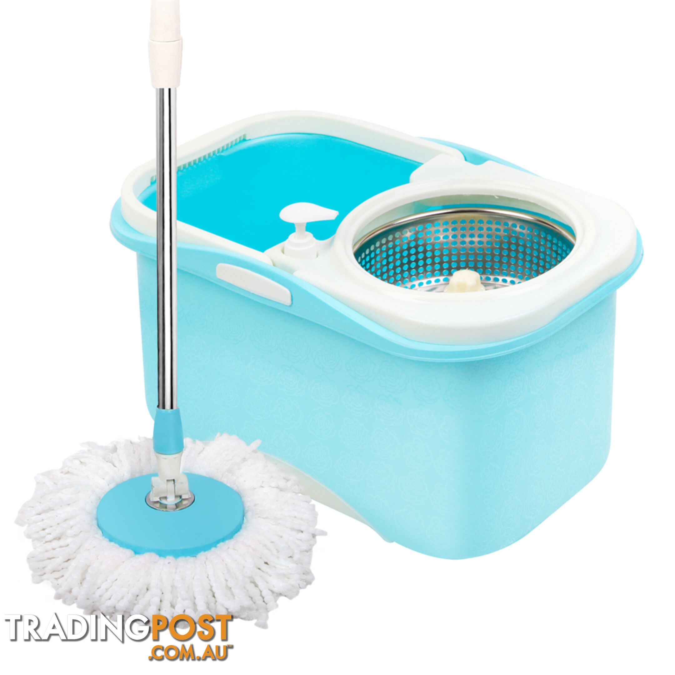 360 Degree Spinning Mop Stainless Steel Spin Dry Bucket w/ 2 Mop Heads 7.5L Blue