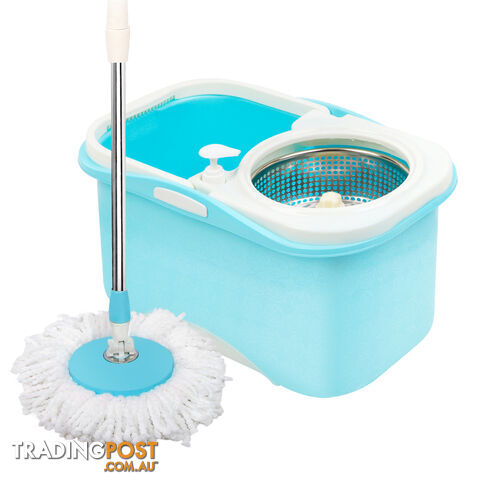 360 Degree Spinning Mop Stainless Steel Spin Dry Bucket w/ 2 Mop Heads 7.5L Blue