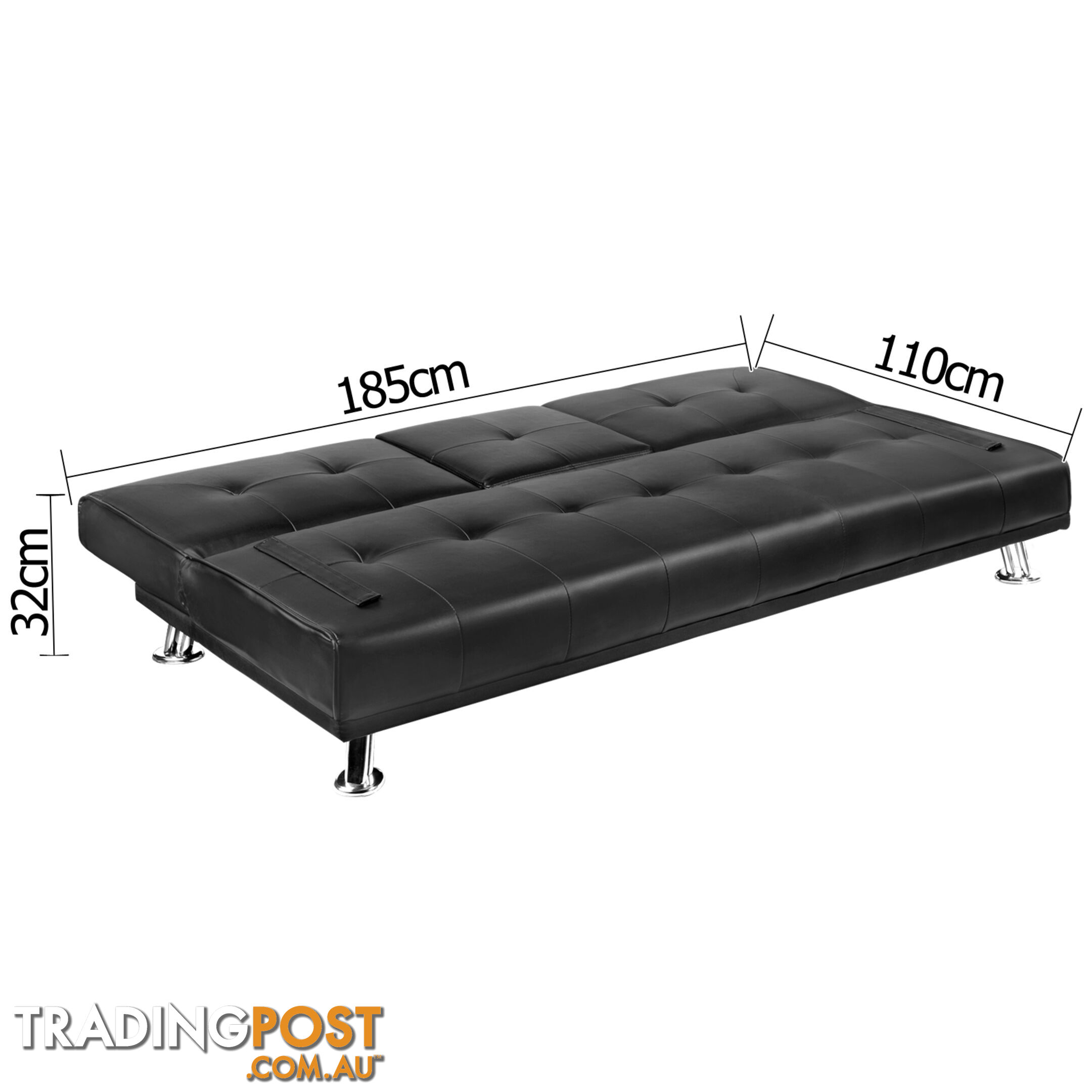 3 Seater PU Leather Sofa Bed Modern Couch Lounges Mattress 2 Cup Holder Black