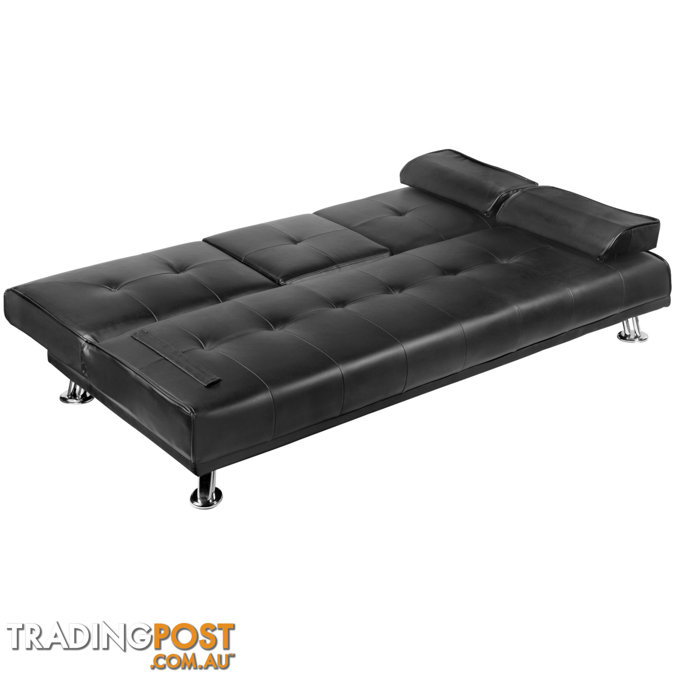 3 Seater PU Leather Sofa Bed Modern Couch Lounges Mattress 2 Cup Holder Black