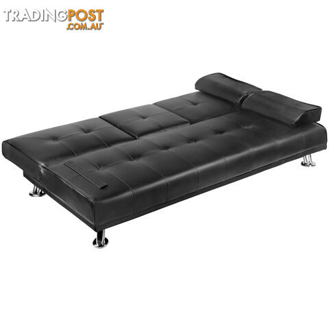 3 Seater PU Leather Sofa Bed Modern Couch Lounges Mattress 2 Cup Holder Black