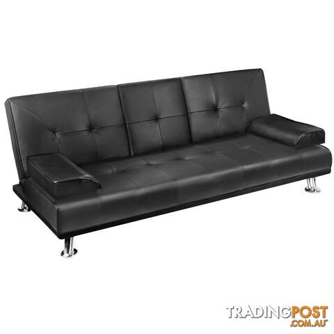 3 Seater PU Leather Sofa Bed Modern Couch Lounges Mattress 2 Cup Holder Black