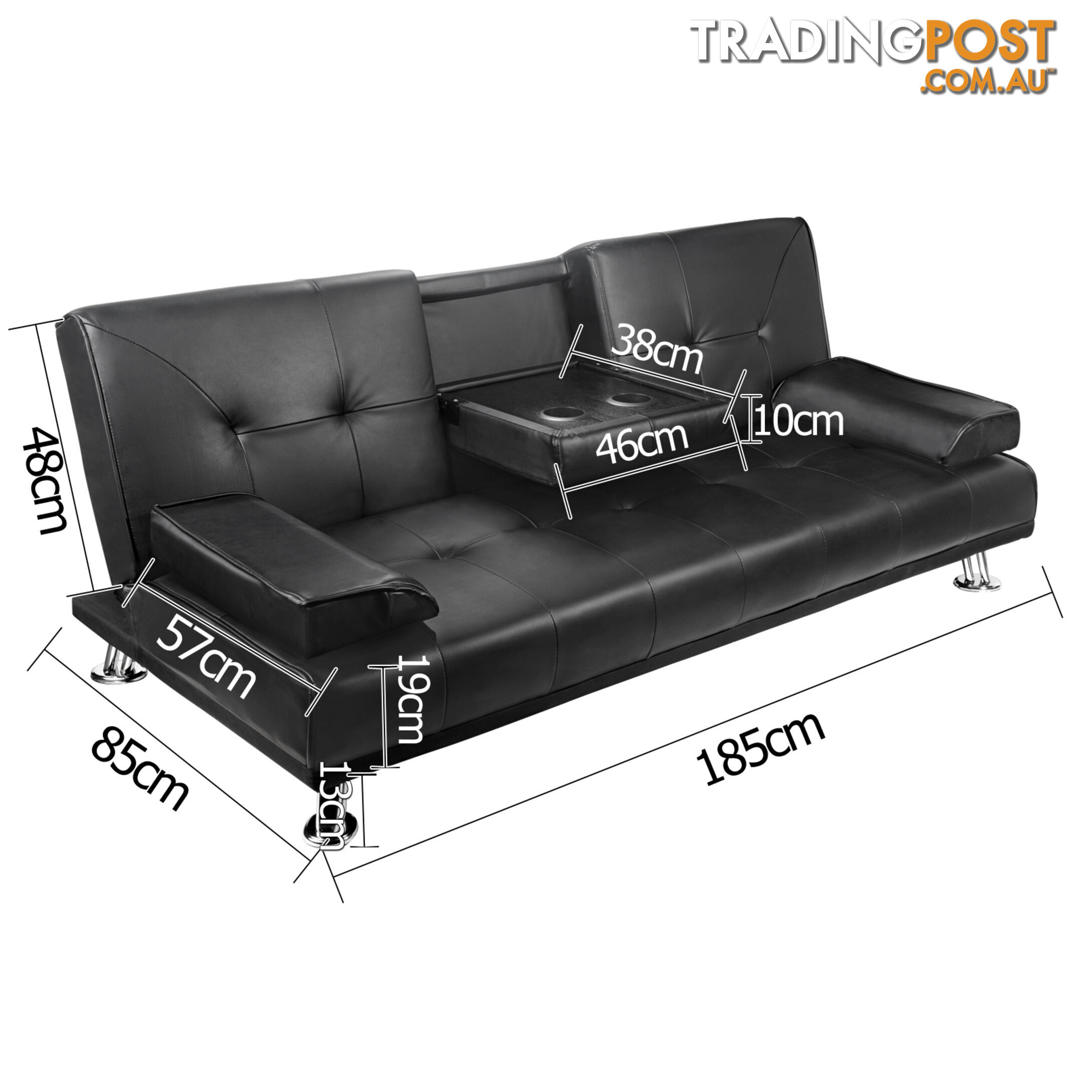 3 Seater PU Leather Sofa Bed Modern Couch Lounges Mattress 2 Cup Holder Black