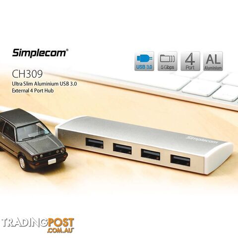 Simplecom CH309 Ultra Slim Aluminium USB 3.0 External 4 Port Hub for PC Mac Laptop Silver