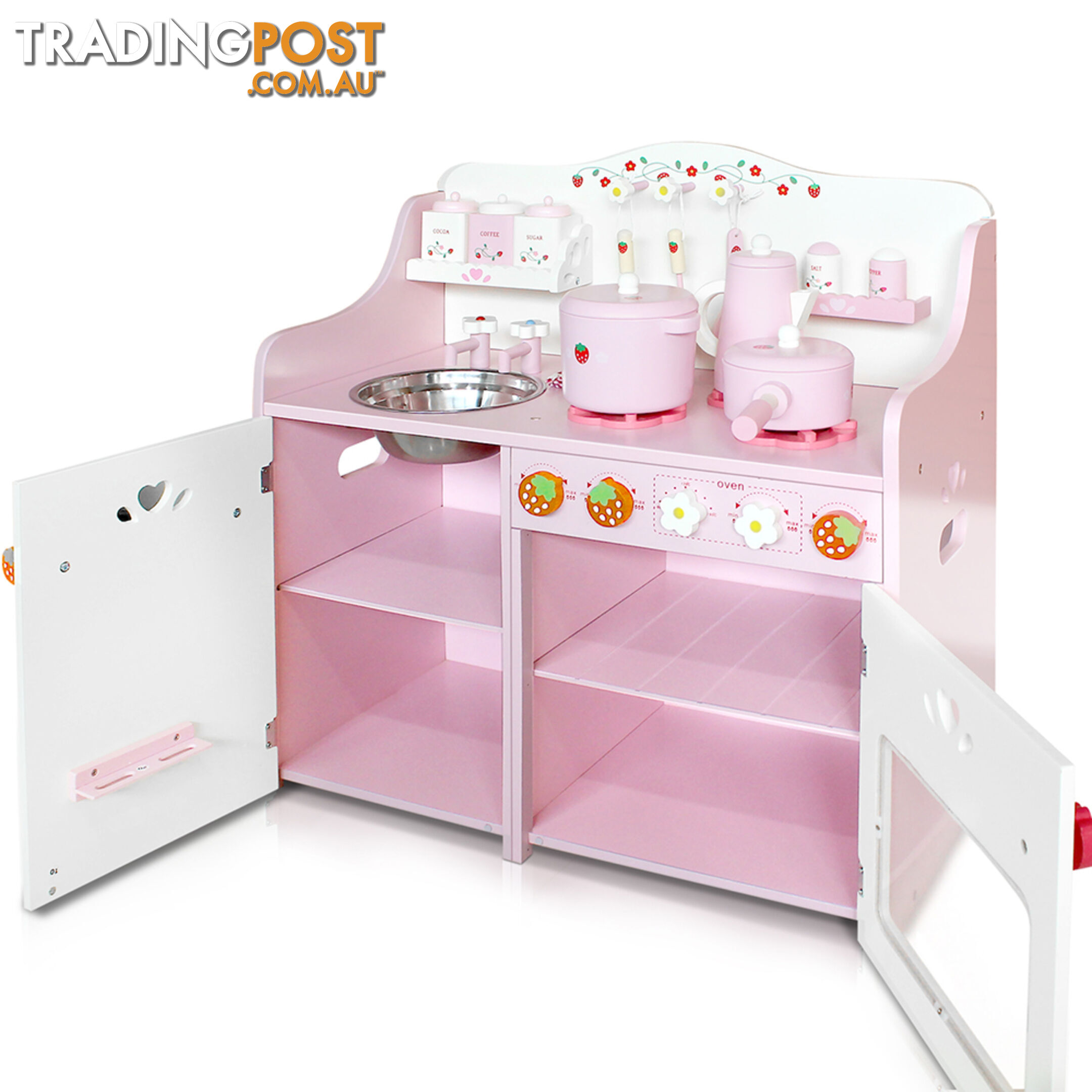 Children Wooden Pretend Kitchen Play Set Kids Home Cooking Cookware Toy Pink