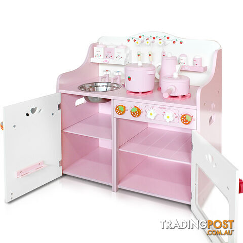 Children Wooden Pretend Kitchen Play Set Kids Home Cooking Cookware Toy Pink