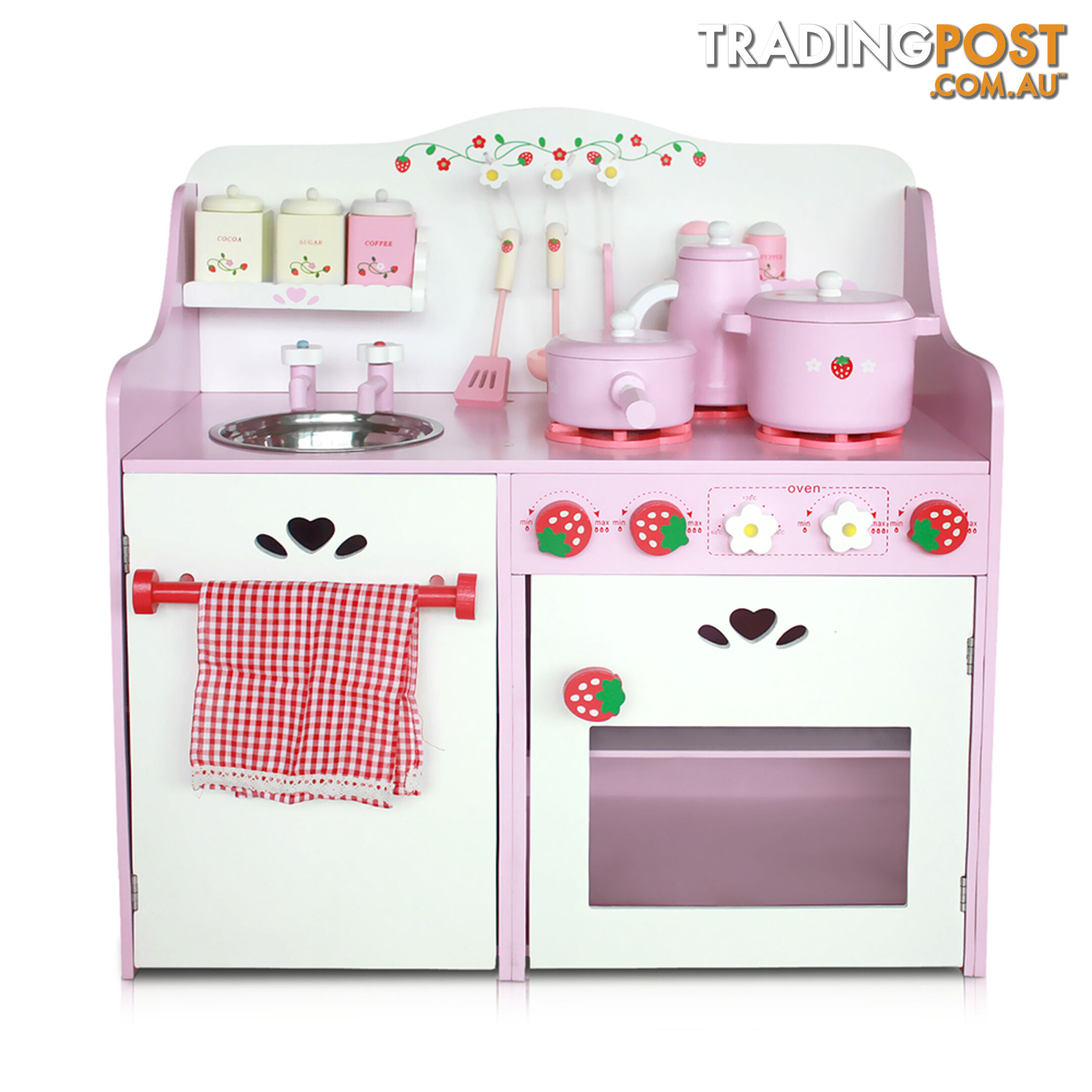 Children Wooden Pretend Kitchen Play Set Kids Home Cooking Cookware Toy Pink