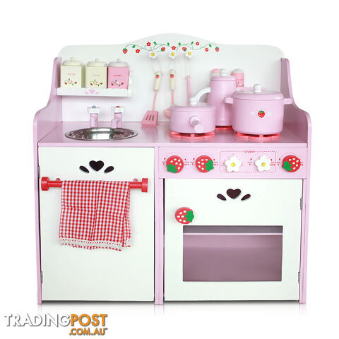 Children Wooden Pretend Kitchen Play Set Kids Home Cooking Cookware Toy Pink