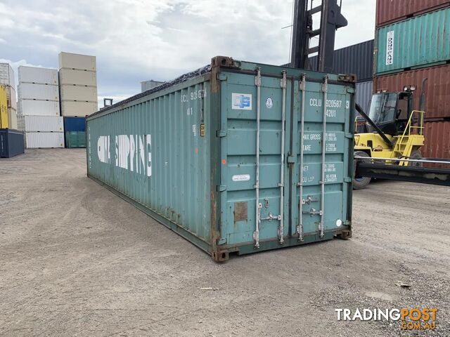 USED 40FT OPEN TOP SHIPPING CONTAINER W' TARP AND BOWS & TIMBER FLOOR