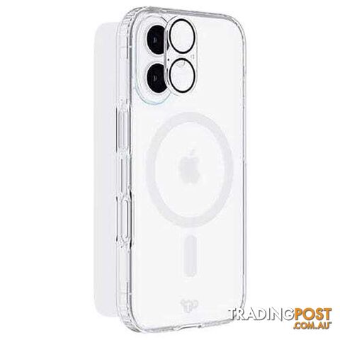 Tech21 3 in 1 Bundle for iPhone 16 (EvoClear MagSafe Case + Tempered Glass + Lens Protector)