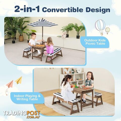 HONEY JOY Kids Picnic Table, Outdoor Wooden Table & Bench Set w/Removable Cushions and Umbrella